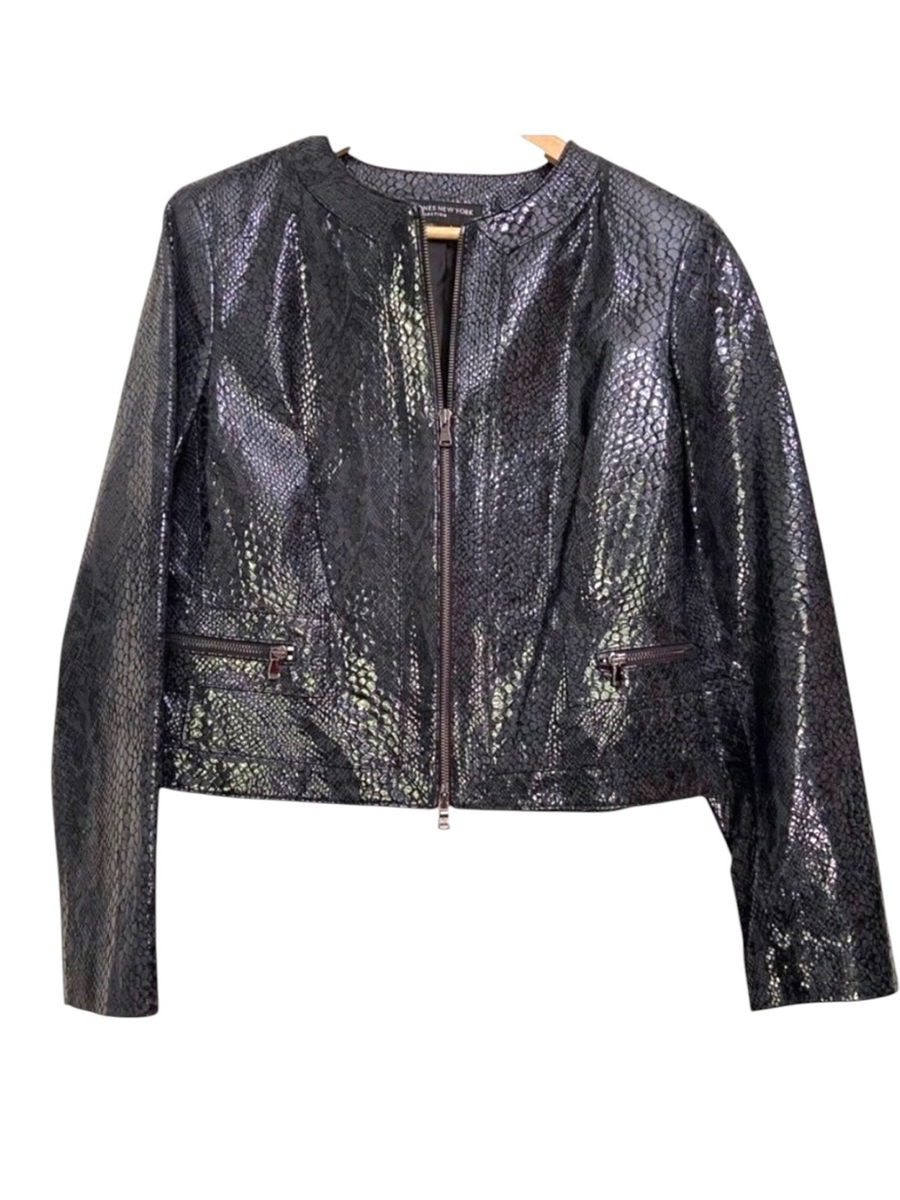 JONES New York black crop jacket shinny genuine leather soft contemporary spakle